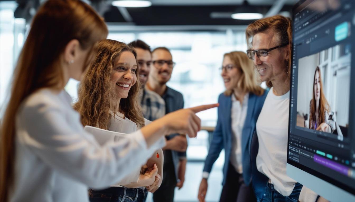 A group of professionals standing in a modern office, smiling and discussing AIpowered video tools
